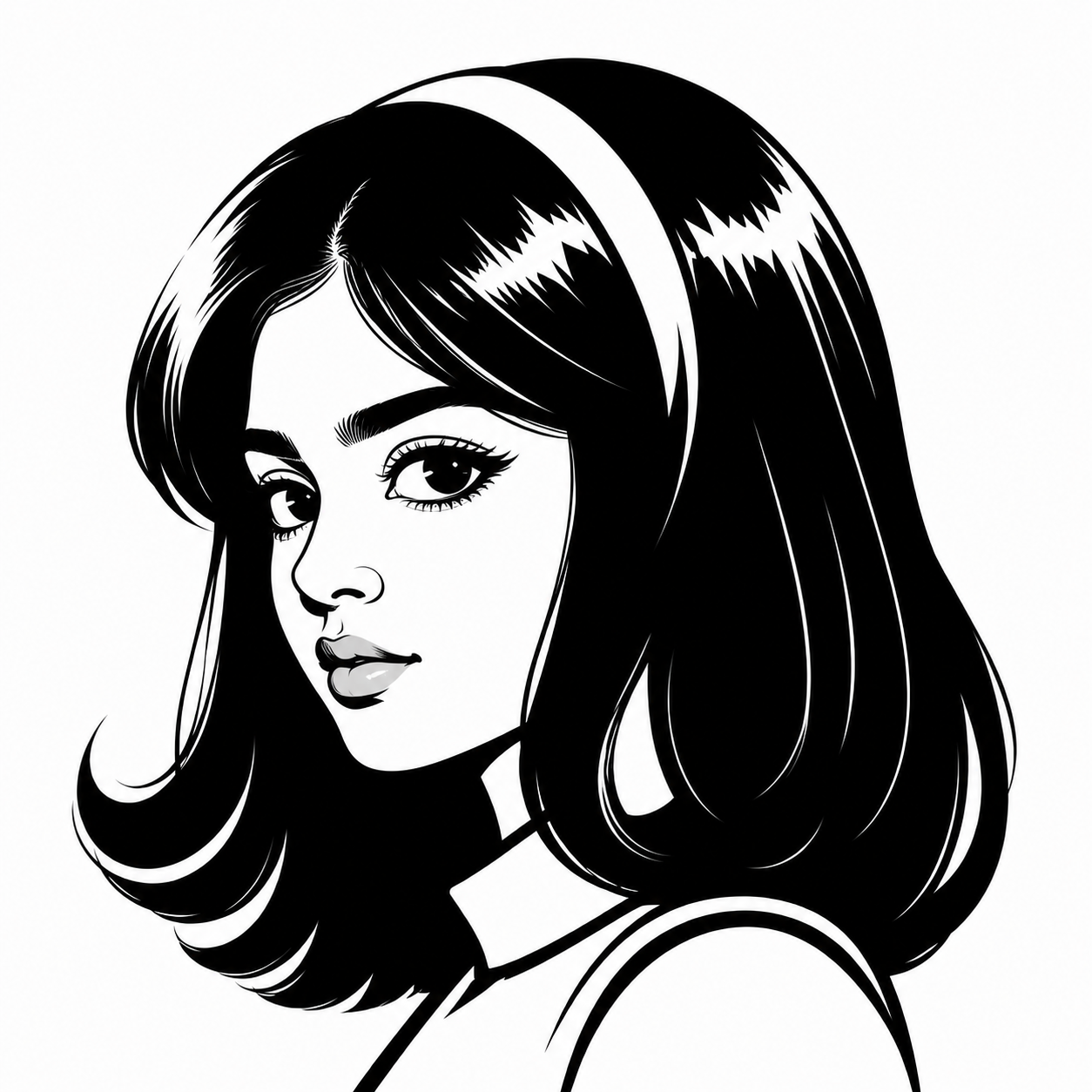 Black and white illustrated portrait of a woman with a headband, glossy hair, and soft expression.
