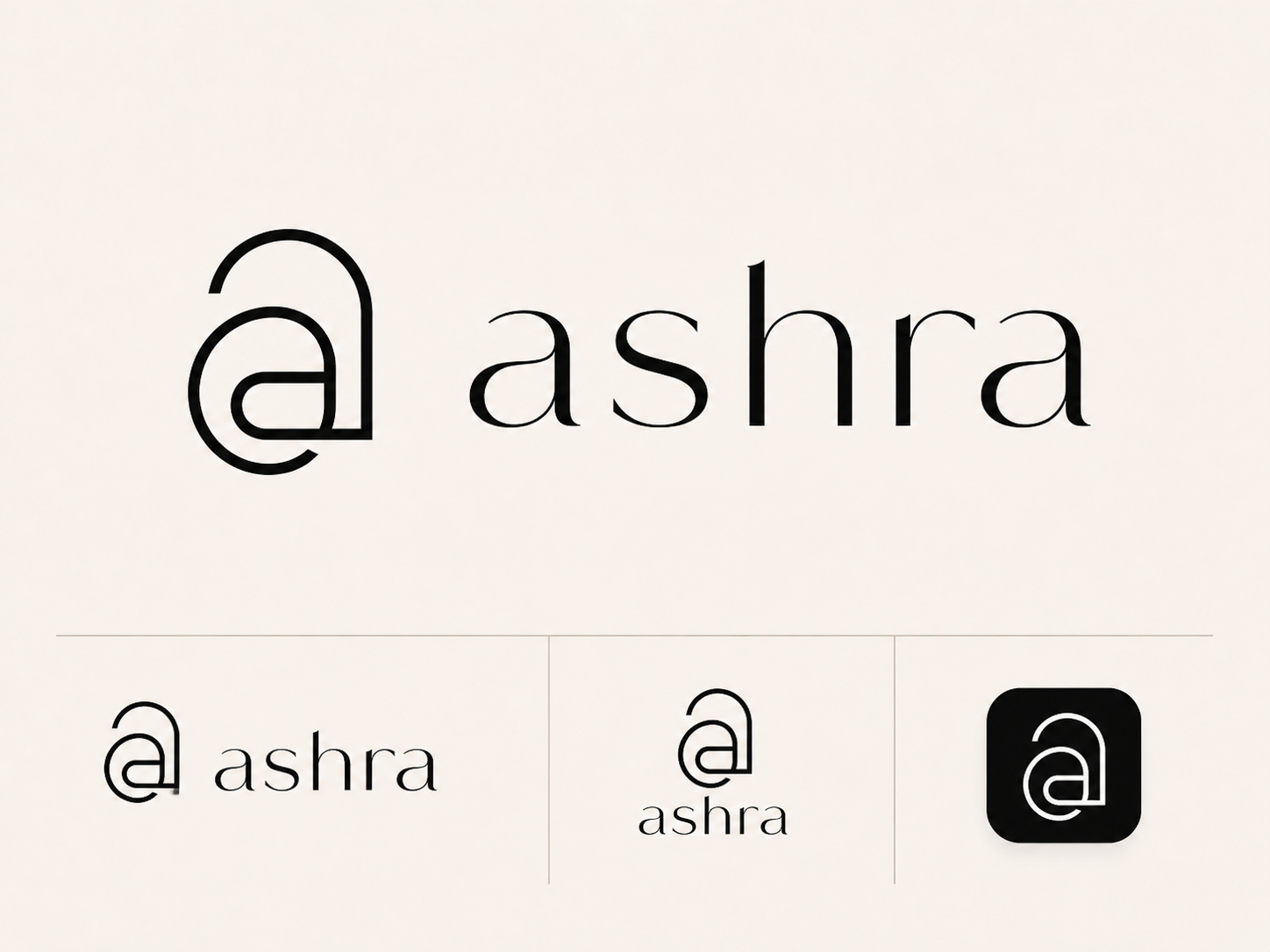 Ashra identity board with a compact abstract a monogram and refined serif wordmark.