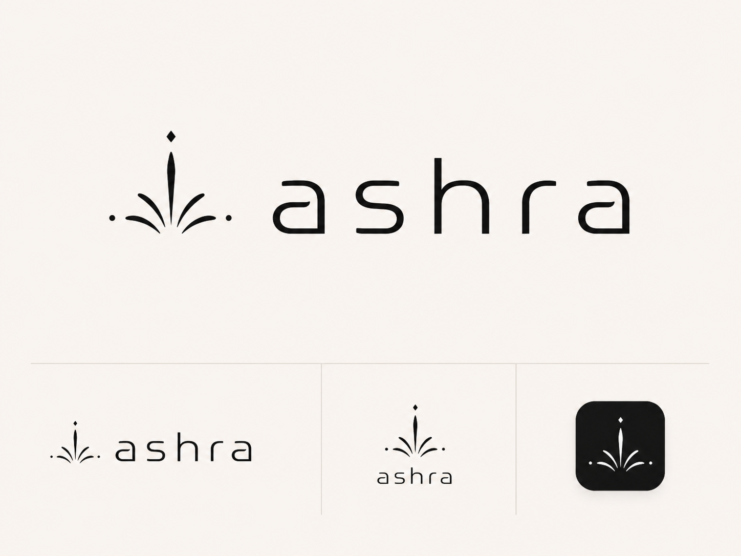 Ashra identity board with a lotus fountain symbol and geometric lowercase wordmark.