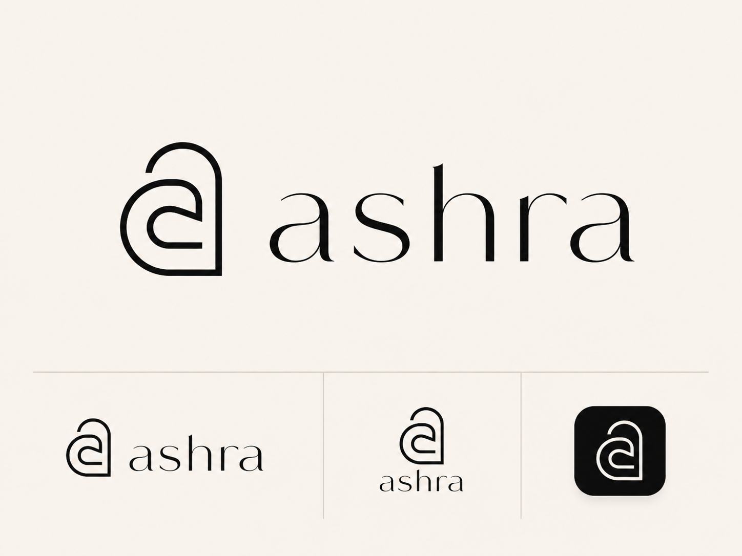 Ashra identity board showing a rounded abstract a monogram, serif wordmark, and app icon.